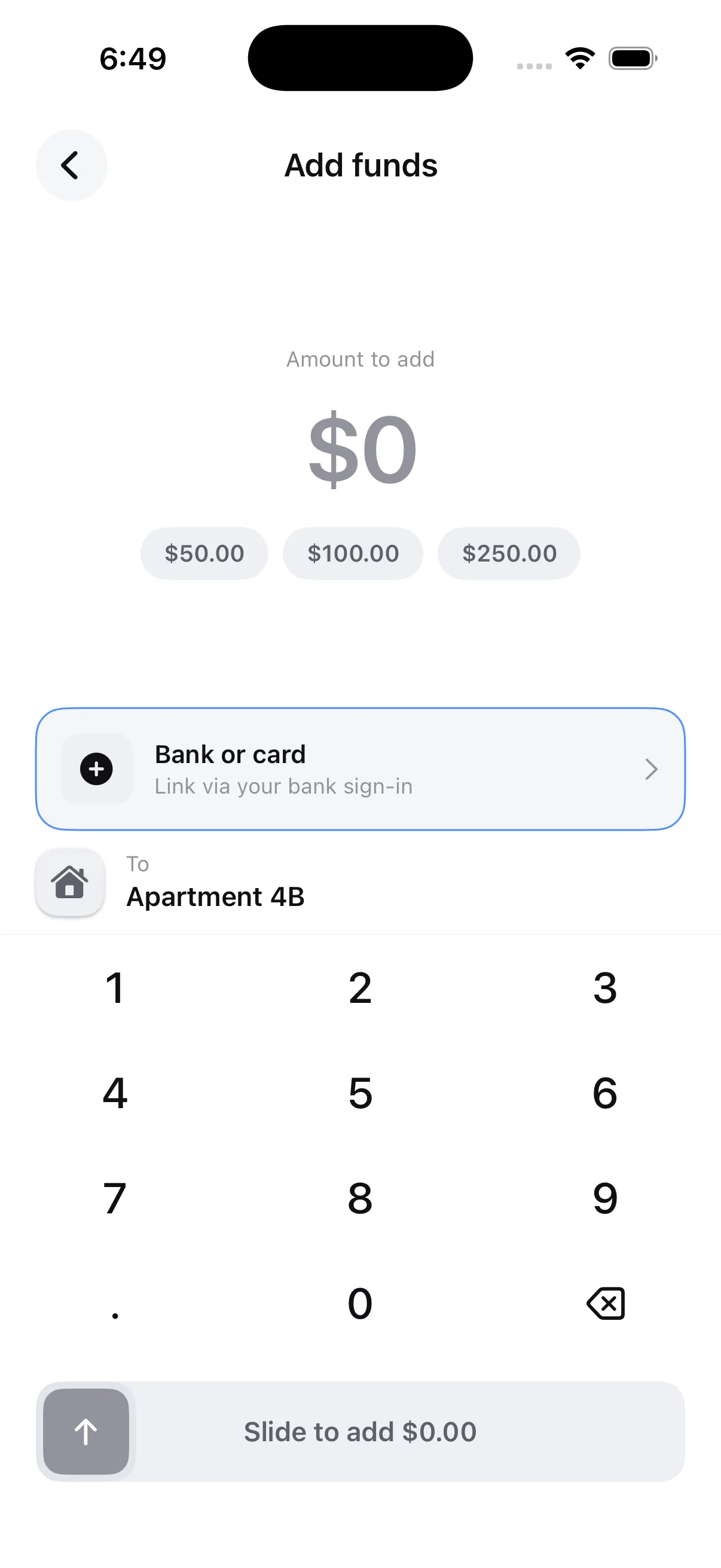 The Flint Add funds screen: an amount to add, quick $50, $100 and $250 buttons, the linked bank, and the group it is going to
