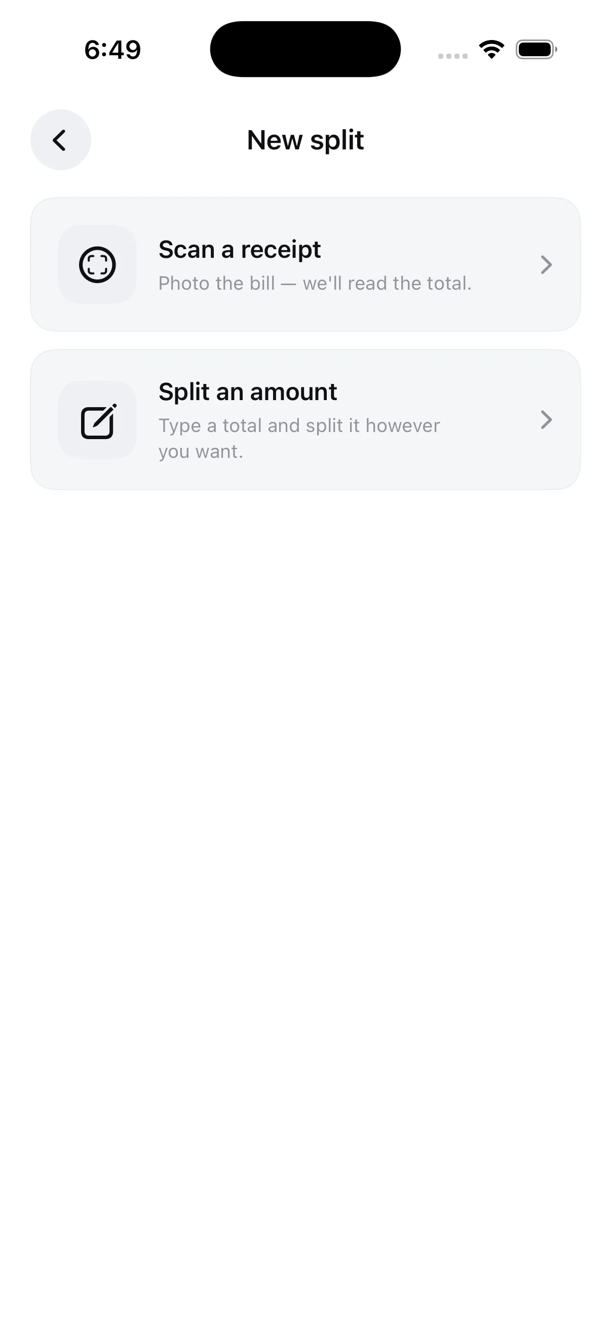 The Flint New split screen, offering two ways to split a bill: scan a receipt to read the total automatically, or type an amount and split it however you want
