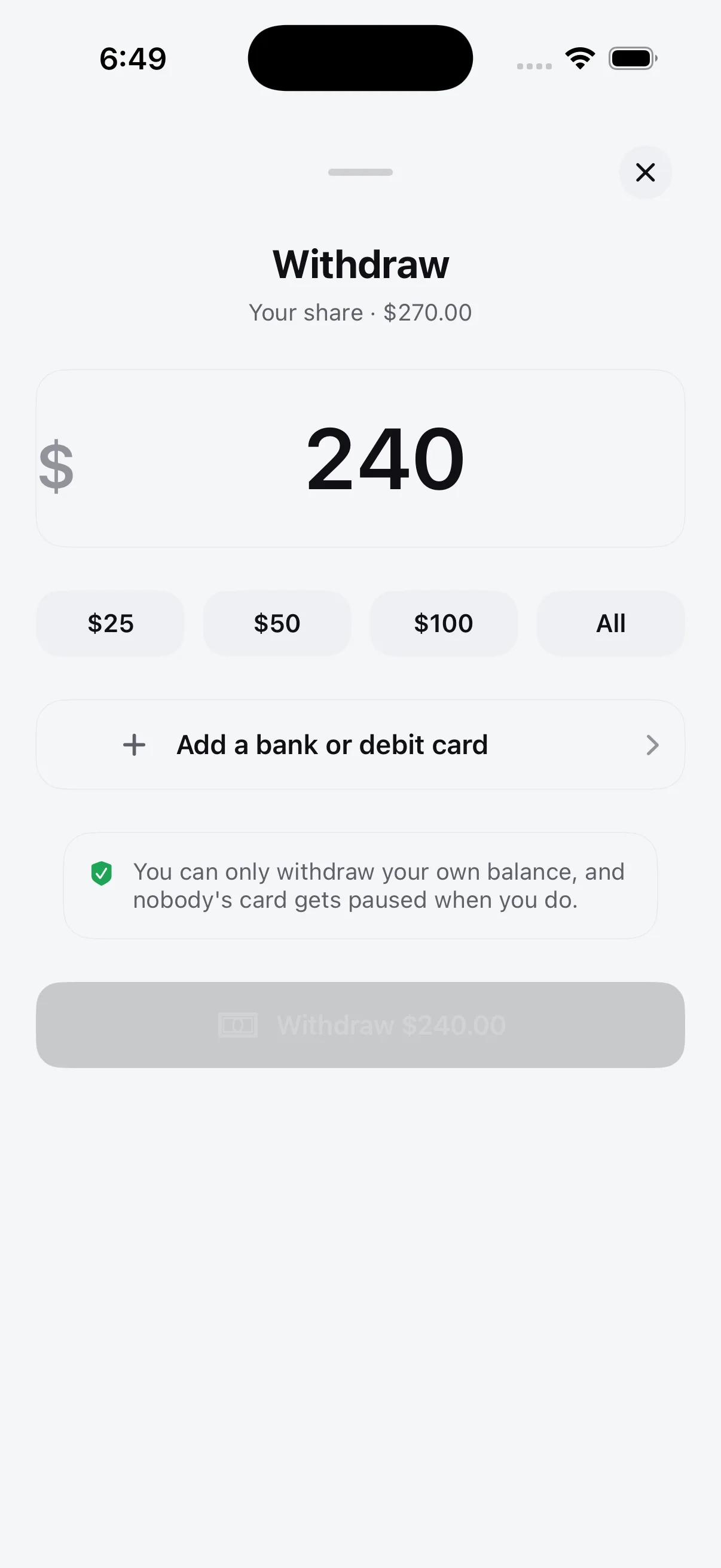 The Flint Withdraw screen: the amount to take out, quick amounts, the linked bank, and a note that you can only withdraw your own balance and nobody's card gets paused when you do